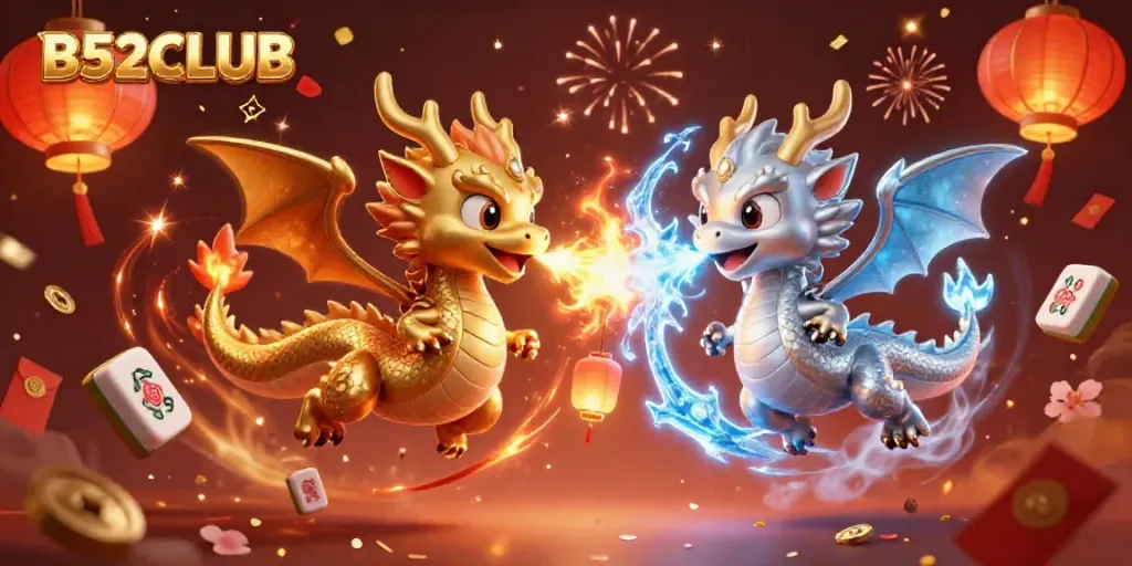 Engage with thrilling B52CLUB games amidst dynamic fire and ice dragons in a festive scene.