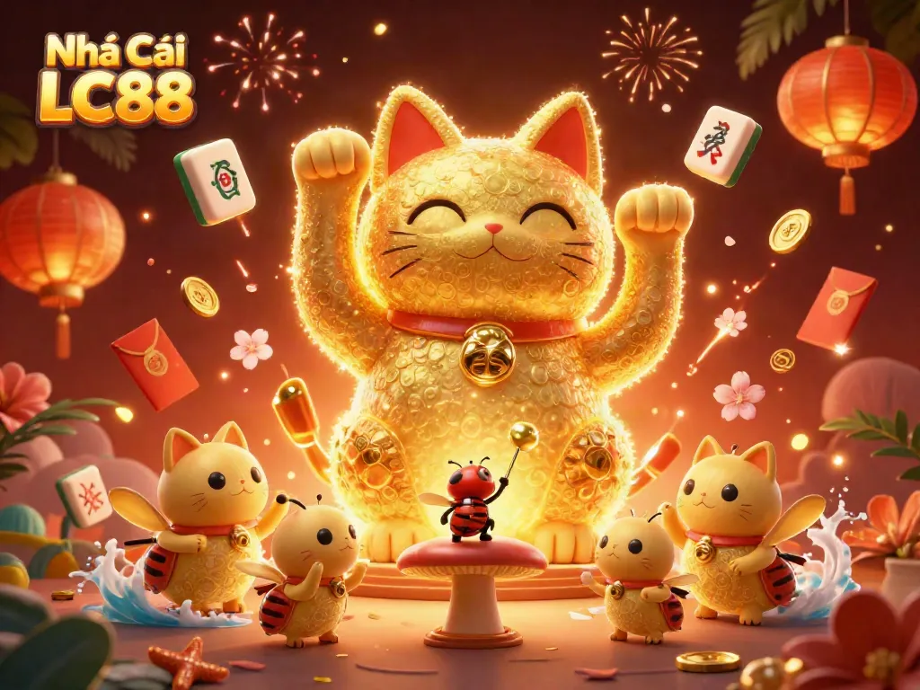 Experience the vibrant charm of Nhà Cái LC88 with a lucky cat and festive casino symbols.