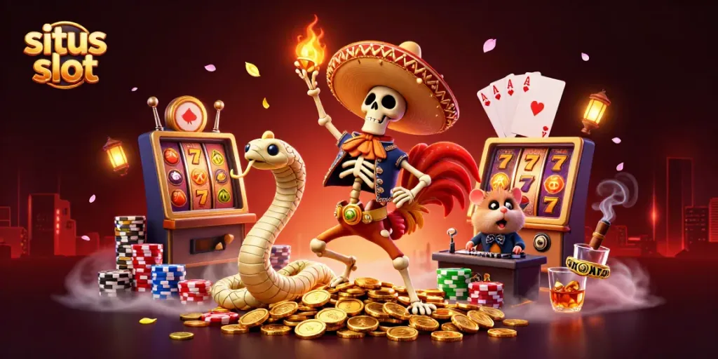 Situs slot showcases a lively 3D illustration with dynamic characters and rich casino elements.